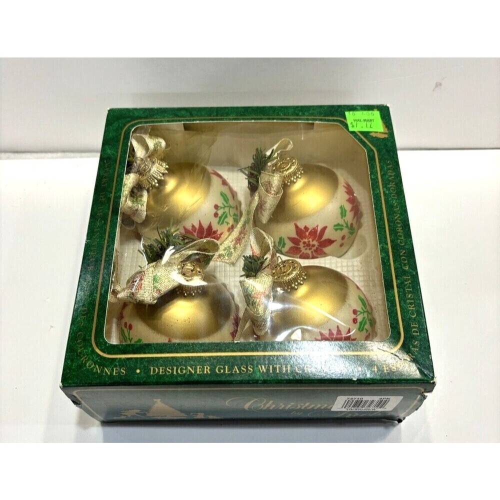Christmas by Krebs Glass Gold Poinsettias Bows Round Ornaments Snow Set of 4
